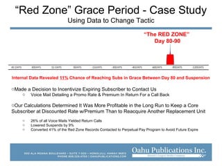 “Red Zone” Grace Period - Case Study
Using Data to Change Tactic
“The RED ZONE”
Day 80-90
Internal Data Revealed 11% Chance of Reaching Subs in Grace Between Day 80 and Suspension
oMade a Decision to Incentivize Expiring Subscriber to Contact Us
o Voice Mail Detailing a Promo Rate & Premium In Return For a Call Back
oOur Calculations Determined It Was More Profitable in the Long Run to Keep a Core
Subscriber at Discounted Rate w/Premium Than to Reacquire Another Replacement Unit
o 26% of all Voice Mails Yielded Return Calls
o Lowered Suspends by 9%
o Converted 41% of the Red Zone Records Contacted to Perpetual Pay Program to Avoid Future Expire
 