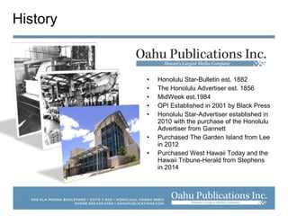 • Honolulu Star-Bulletin est. 1882
• The Honolulu Advertiser est. 1856
• MidWeek est.1984
• OPI Established in 2001 by Black Press
• Honolulu Star-Advertiser established in
2010 with the purchase of the Honolulu
Advertiser from Gannett
• Purchased The Garden Island from Lee
in 2012
• Purchased West Hawaii Today and the
Hawaii Tribune-Herald from Stephens
in 2014
History
 