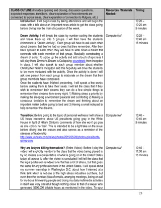 23
CLASS OUTLINE (Includes opening and closing, discussion questions,
expected responses,transitions, clear explanation ofhow elements are
connected to topical areas, clear explanation ofconnection to Rutgers, etc.)
Resources / Materials
Needed:
Timing:
Introduction: I will begin class by taking attendance and will begin the
class with a talk about an important news article to get the class going
before diving into the main discussion of the week.
Dream Activity: I will break the class by number coding the students
and break them up into 5 groups. I will then have the students
commence a “Dream Activity”. Each group will have to ask each other
about dreams that they’ve had or ones that they remember. After they
have spoken to each other, they will have to write down a dream that
connects with each member of that group. Basically constructing a
dream of sorts. To spice up the activity and add a touch of epicness I
will play Hans Zimmer’s Dream is Collapsing soundtrack from Inception
in class. I will also speak to each group member about whether
Christopher Nolan’s Inception and this hopefully will drive the students
to be more motivated with the activity. Once the activity is done I will
ask one person from each group to elaborate on the dream that their
group members have composed.
Once the students have finished presenting, I will speak a few words
before asking them to take their seats. I will tell the class that if they
wish to remember their dreams they can do a few simple things to
remember their dreams from every night. 1) Making sleep a priority by
making the sleeping environment peaceful and comforting 2) Making a
conscious decision to remember the dream and thinking about an
important matter before going to bed and 3) Having a small notepad to
help remember the dreams.
Transition: Before going to the topic of personal wellness I will show a
US News interactive about US presidents going gray in the White
House in light of Hillary Clinton’s comments of how she won’t go gray
as she colors her hair. This is intended to be a light take on the issue
before diving into the lesson and also serves as a reminder of the
stresses of leadership.
http://www.usnews.com/news/photos/2015/05/28/photos-presidents-
going-gray
Why are lawyers killing themselves? (Entire Video): Before I play the
video Iwill explicitly mention to the class that the video being played is
by no means a representative of what is going on in the United States
today all across it. After the video is concluded I will tell the class that
the legal profession is indeed one that has a lot of stress, but that goes
the same for any profession here in the United States. I will speak about
my summer internship in Washington D.C. about how I interned at a
think tank which is not one of the high stress industries out there, but
even then the constant flow of emails, arranging meetings, being on call
for my boss for meeting people and doing my daily multimedia activities
in itself was very stressful though nothing close to that of a lawyer who
generated $600,000 billable hours as mentioned in the video. To spur
Computer/AV
Computer/AV
Computer/AV
10:20 –
10:25 am
5 minutes
10:25 –
10:40 am
15 minutes
10:40 –
10:45 am
5 minutes
10:45 –
11:00 am
15 minutes
 