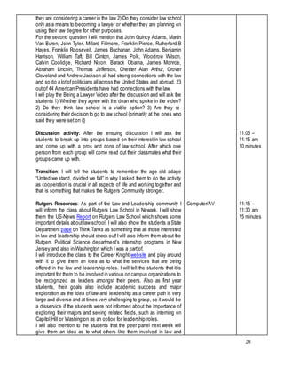 28
they are considering a career in the law 2) Do they consider law school
only as a means to becoming a lawyer or whether they are planning on
using their law degree for other purposes.
For the second question I will mention that John Quincy Adams, Martin
Van Buren, John Tyler, Millard Fillmore, Franklin Pierce, Rutherford B
Hayes, Franklin Roosevelt, James Buchanan, John Adams, Benjamin
Harrison, William Taft, Bill Clinton, James Polk, Woodrow Wilson,
Calvin Coolidge, Richard Nixon, Barack Obama, James Monroe,
Abraham Lincoln, Thomas Jefferson, Chester Alan Arthur, Grover
Cleveland and Andrew Jackson all had strong connections with the law
and so do a lotofpoliticians all across the United States and abroad. 23
out of 44 American Presidents have had connections with the law.
I will play the Being a Lawyer Video after the discussion and will ask the
students 1) Whether they agree with the dean who spoke in the video?
2) Do they think law school is a viable option? 3) Are they re-
considering their decision to go to law school (primarily at the ones who
said they were set on it)
Discussion activity: After the ensuing discussion I will ask the
students to break up into groups based on their interest in law school
and come up with a pros and cons of law school. After which one
person from each group will come read out their classmates what their
groups came up with.
Transition: I will tell the students to remember the age old adage
“United we stand, divided we fall” in why I asked them to do the activity
as cooperation is crucial in all aspects of life and working together and
that is something that makes the Rutgers Community stronger.
Rutgers Resources: As part of the Law and Leadership community I
will inform the class about Rutgers Law School in Newark. I will show
them the US-News Report on Rutgers Law School which shows some
important details about law school. I will also show the students a State
Department page on Think Tanks as something that all those interested
in law and leadership should check out!Iwill also inform them about the
Rutgers Political Science department’s internship programs in New
Jersey and also in Washington which I was a part of.
I will introduce the class to the Career Knight website and play around
with it to give them an idea as to what the services that are being
offered in the law and leadership roles. I will tell the students that it is
important for them to be involved in various on campus organizations to
be recognized as leaders amongst their peers. Also as first year
students, their goals also include academic success and major
exploration as the idea of law and leadership as a career path is very
large and diverse and at times very challenging to grasp, so it would be
a disservice if the students were not informed about the importance of
exploring their majors and seeing related fields, such as interning on
Capitol Hill or Washington as an option for leadership roles.
I will also mention to the students that the peer panel next week will
give them an idea as to what others like them involved in law and
Computer/AV
11:05 –
11:15 am
10 minutes
11:15 –
11:30 am
15 minutes
 