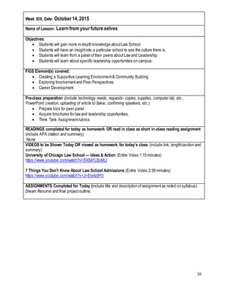 30
Week SIX, Date: October 14,2015
Name of Lesson: Learn from your future selves
Objectives:
 Students will gain more in-depth knowledge aboutLaw School.
 Students will have an insightinto a particular school to see the culture there is.
 Students will learn from a panel oftheir peers aboutLaw and Leadership.
 Students will learn about specific leadership opportunities on campus.
FIGS Element(s) covered:
 Creating a Supportive Learning Environment& Community Building
 Exploring Involvementand Peer Perspectives
 Career Development
Pre-class preparation (include technology needs, requests- copies, supplies, computer lab, etc.,
PowerPoint creation, uploading of article to Sakai, confirming speakers, etc.):
 Prepare bios for peer panel
 Acquire brochures for law and leadership opportunities.
 Think Tank Assignmentrubrics
READINGS completed for today as homework OR read in class as short in-class reading assignment
(include APA citation and summary):
None
VIDEOS to be Shown Today OR viewed as homework for today’s class (include link, length/section and
summary):
University of Chicago Law School — Ideas & Action (Entire Video 1:15 minutes)
https://www.youtube.com/watch?v=SX5dFLBxMLI
7 Things You Don't Know About Law School Admissions (Entire Video 2:39 minutes)
https://www.youtube.com/watch?v=Jr-Els4z9Y0
ASSIGNMENTS Completed for Today (include title and description ofassignmentas noted on syllabus):
Dream Resume and final projectoutline.
 
