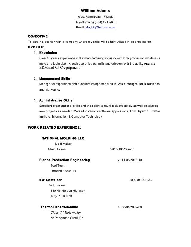 tool maker west palm resume