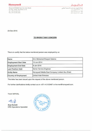 Honeywell ME experience certificate_Amr Salama