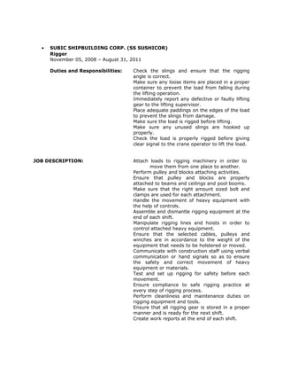 • SUBIC SHIPBUILDING CORP. (SS SUSHICOR)
Rigger
November 05, 2008 – August 31, 2011
Duties and Responsibilities: Check the slings and ensure that the rigging
angle is correct.
Make sure any loose items are placed in a proper
container to prevent the load from falling during
the lifting operation.
Immediately report any defective or faulty lifting
gear to the lifting supervisor.
Place adequate paddings on the edges of the load
to prevent the slings from damage.
Make sure the load is rigged before lifting.
Make sure any unused slings are hooked up
properly.
Check the load is properly rigged before giving
clear signal to the crane operator to lift the load.
JOB DESCRIPTION: Attach loads to rigging machinery in order to
move them from one place to another.
Perform pulley and blocks attaching activities.
Ensure that pulley and blocks are properly
attached to beams and ceilings and pool booms.
Make sure that the right amount sized bolt and
clamps are used for each attachment.
Handle the movement of heavy equipment with
the help of controls.
Assemble and dismantle rigging equipment at the
end of each shift.
Manipulate rigging lines and hoists in order to
control attached heavy equipment.
Ensure that the selected cables, pulleys and
winches are in accordance to the weight of the
equipment that needs to be holstered or moved.
Communicate with construction staff using verbal
communication or hand signals so as to ensure
the safety and correct movement of heavy
equipment or materials.
Test and set up rigging for safety before each
movement.
Ensure compliance to safe rigging practice at
every step of rigging process.
Perform cleanliness and maintenance duties on
rigging equipment and tools.
Ensure that all rigging gear is stored in a proper
manner and is ready for the next shift.
Create work reports at the end of each shift.
 