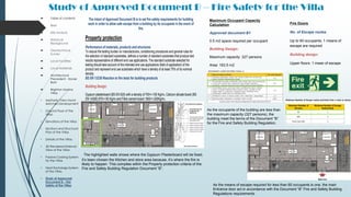Study of Approved Document B – Fire Safety for the Villa
The intent of Approved Document B is to set fire safety requirements for building
work in order to allow safe escape from a building by its occupants in the event of
fire.
Property protection
Performance of materials, products and structures
To reduce the testing burden on manufacturers, conditioning procedures and general rules for
the selection of standard substrates, defines a number of standard substrates that produce test
results representative of different end use applications. The standard substrate selected for
testing should take account of the intended end use applications (field of application) of the
product and represent end use substrates which have a density of at least 75% of its nominal
density.
BS EN 13238 Reaction to fire tests for building products
Building Design:
Gypsum plasterboard (BS EN 520) with a density of 700+/-100 Kg/m3, Calcium silicate board (BS
EN 14306) 870+/-50 Kg/m3 and Fibre cement board 1800+/-200Kg/m3.
 Table of contents
 Brief
 Site Analysis
 Historical
Background
 Geotechnical
Survey
 Local Facilities
 Local Materials
 Architectural
Precedent - Xavier
Bohl
 Brighton Marina
Villas
• Aesthetic View Hand-
sketches Development
• Ground Floor of the
Villas
• Elevations of the Villas
• Sections and Structural
Plan of the Villas
• Details of the Villas
• 3D Rendered External
View of the Villas
• Passive Cooling System
for the Villas
• Heat Exchange System
of the Villas
• Study of Approved
Document B – Fire
Safety of the Villas
Maximum Occupant Capacity
Calculation
Approved document B1
0.5 m2 space required per occupant
Building Design:
Maximum capacity: 327 persons
Area: 163.5 m2
Occupant Capacity = 5 persons
Fire Doors
No. of Escape routes
Up to 60 occupants: 1 means of
escape are required
Building design:
Upper floors: 1 mean of escape
The highlighted walls shows where the Gypsum Plasterboard will be fixed,
it’s been chosen the Kitchen and store area because, it’s where the fire is
likely to happen. This complies within the Property protection criteria of the
Fire and Safety Building Regulation Document “B”.
As the occupants of the building are less than
the maximum capacity (327 persons), the
building meet the terms of the Document ”B”
for the Fire and Safety Building Regulation.
As the means of escape required for less than 60 occupants is one, the main
Entrance door act in accordance with the Document “B” Fire and Safety Building
Regulations requirements.
 