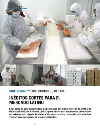 56
Las socias de esta exportadora de productos del mar recibieron en 2001 el sí
del actual INNOVA Chile de CORFO para desarrollar un proceso productivo
no existente en el país: la elaboración de atractivos cortes de pescado tipo
“loins” para restaurantes y supermercados.
INÉDITOS CORTES PARA EL
MERCADO LATINO
SOUTH WIND Y LOS PRODUCTOS DEL MAR
REGIÓN METROPOLITANA
PROYECTO Nº 23
 