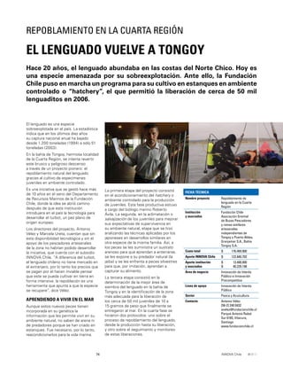 74 INNOVA Chile
El lenguado es una especie
sobreexplotada en el país. La estadística
indica que en los últimos diez años
su captura nacional anual ha bajado
desde 1.200 toneladas (1994) a sólo 51
toneladas (2003).
En la bahía de Tongoy, hermosa localidad
de la Cuarta Región, se intenta revertir
este brusco y peligroso descenso
a través de un proyecto pionero: el
repoblamiento natural del lenguado
gracias al cultivo de especimenes
juveniles en ambiente controlado.
Es una iniciativa que se gestó hace más
de 10 años en el seno del Departamento
de Recursos Marinos de la Fundación
Chile, donde la idea se abrió camino
después de que esta institución
introdujera en el país la tecnología para
desarrollar el turbot, un pez plano de
origen europeo.
Los directores del proyecto, Antonio
Vélez y Marcela Ureta, cuentan que sin
esta disponibilidad tecnológica y sin el
apoyo de los pescadores artesanales
de la zona no habrían podido desarrollar
la iniciativa, que cuenta con el subsidio
INNOVA Chile. “A diferencia del turbot,
el lenguado chileno no tiene mercado en
el extranjero, por lo tanto los precios que
se pagan por él hacen inviable pensar
que este se pueda cultivar en tierra en
forma intensiva: la repoblación es una
herramienta que apunta a que la especie
se recupere”, dice Vélez.
APRENDIENDO A VIVIR EN EL MAR
Aunque estos nuevos peces tienen
incorporada en su genética la
información que les permite vivir en su
ambiente natural, no saben de arena ni
de predadores porque se han criado en
estanques. Fue necesario, por lo tanto,
reacondicionarlos para la vida marina.
Hace 20 años, el lenguado abundaba en las costas del Norte Chico. Hoy es
una especie amenazada por su sobreexplotación. Ante ello, la Fundación
Chile puso en marcha un programa para su cultivo en estanques en ambiente
controlado o “hatchery”, el que permitió la liberación de cerca de 50 mil
lenguaditos en 2006.
EL LENGUADO VUELVE A TONGOY
REPOBLAMIENTO EN LA CUARTA REGIÓN
FICHA TÉCNICA
Nombre proyecto Repoblamiento de
lenguado en la Cuarta
Región
Institución
y asociados
Fundación Chile
Asociación Gremial
de Buzos Pescadores
y ramas similares
artesanales
independientes de
Tongoy y Puerto Aldea,
Granjamar S.A., Bahía
Tongoy S.A.
Costo total $ 176.469.900
Aporte INNOVA Chile $ 122.840.702
Aporte institución
y asociados
$
$
13.400.000
40.229.198
Área de negocio Innovación de Interés
Público e Innovación
Precompetitiva
Línea de apoyo Innovación de Interés
Público
Sector Pesca y Acuicultura
Contacto Antonio Vélez
[56-2] 240 0432
avelez@fundacionchile.cl
Parque Antonio Rabat
Sur 6165, Vitacura,
Santiago
www.fundacionchile.cl
La primera etapa del proyecto consistió
en el acondicionamiento del hatchery o
ambiente controlado para la producción
de juveniles. Esta fase productiva estuvo
a cargo del biólogo marino Roberto
Ávila. La segunda, en la aclimatación o
salvajización de los juveniles para mejorar
sus expectativas de supervivencia en
su ambiente natural, etapa que se hizo
analizando las técnicas aplicadas por los
japoneses en desarrollos similares en
otra especie de la misma familia. Así, a
los peces se les suministra un sustrato
arenoso para que aprendan a enterrarse,
se les expone a su predador natural (la
jaiba) y se les enfrenta a peces silvestres
para que, por imitación, aprendan a
capturar su alimento.
La tercera etapa consistió en la
determinación de la mejor área de
siembra del lenguado en la bahía de
Tongoy y en la identiﬁcación de la zona
más adecuada para la liberación de
los cerca de 50 mil juveniles de 10 a
15 gramos de peso que ﬁnalmente se
entregaron al mar. En la cuarta fase se
hicieron dos protocolos: uno sobre el
proceso de repoblamiento del lenguado,
desde la producción hasta su liberación,
y otro sobre el seguimiento y monitoreo
de estas liberaciones.
 