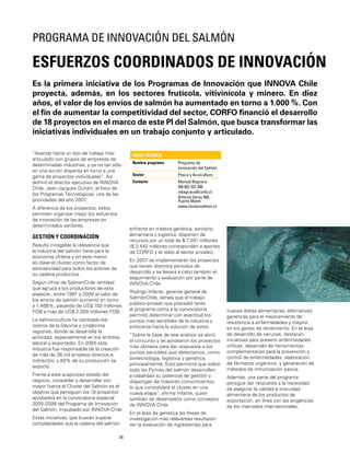 78
Es la primera iniciativa de los Programas de Innovación que INNOVA Chile
proyecta, además, en los sectores frutícola, vitivinícola y minero. En diez
años, el valor de los envíos de salmón ha aumentado en torno a 1.000 %. Con
el ﬁn de aumentar la competitividad del sector, CORFO ﬁnanció el desarrollo
de 18 proyectos en el marco de este PI del Salmón, que busca transformar las
iniciativas individuales en un trabajo conjunto y articulado.
ESFUERZOS COORDINADOS DE INNOVACIÓN
PROGRAMA DE INNOVACIÓN DEL SALMÓN
“Avanzar hacia un tipo de trabajo más
articulado con grupos de empresas de
determinadas industrias, y ya no tan sólo
en una acción dispersa en torno a una
gama de proyectos individuales”. Así
deﬁnió el director ejecutivo de INNOVA
Chile, Jean-Jacques Duhart, el foco de
los Programas Tecnológicos, una de las
prioridades del año 2007.
A diferencia de los proyectos, estos
permiten organizar mejor los esfuerzos
de innovación de las empresas en
determinados sectores.
GESTIÓN Y COORDINACIÓN
Resulta innegable la relevancia que
la industria del salmón tiene para la
economía chilena y en este marco
es clave el cluster como factor de
asociatividad para todos los actores de
su cadena productiva.
Según cifras de SalmonChile -entidad
que agrupa a los productores de esta
especie-, entre 1991 y 2006 el valor de
los envíos de salmón aumentó en torno
a 1.466%, pasando de US$ 150 millones
FOB a más de US$ 2.200 millones FOB.
La salmonicultura ha cambiado los
rostros de la Décima y Undécima
regiones, donde se desarrolla la
actividad, especialmente en los ámbitos
laboral y exportador. En 2005 esta
industria fue responsable de la creación
de más de 36 mil empleos directos e
indirectos, y 80% de su producción se
exportó.
Frente a este auspicioso estado del
negocio, consolidar y desarrollar con
mayor fuerza el Cluster del Salmón es el
objetivo que persiguen los 18 proyectos
aprobados en la convocatoria especial
2005-2006 del Programa de Innovación
del Salmón, impulsado por INNOVA Chile.
Estas iniciativas, que buscan superar
complejidades que la cadena del salmón
FICHA TÉCNICA
Nombre programa Programa de
Innovación del Salmón
Sector Pesca y Acuicultura
Contacto Manuel Bagnara
[56-65] 322 200
mbagnara@corfo.cl
Antonio Varas 590,
Puerto Montt
www.clustersalmon.cl
enfrenta en materia genética, sanitaria,
alimentaria y logística, disponen de
recursos por un total de $ 7.281 millones
($ 3.442 millones corresponden a aportes
de CORFO y el resto al sector privado).
En 2007 se implementarán los proyectos
que tienen distintos períodos de
desarrollo y se llevará a cabo también el
seguimiento y evaluación por parte de
INNOVA Chile.
Rodrigo Infante, gerente general de
SalmónChile, señala que el trabajo
público-privado que precedió tanto
al programa como a la convocatoria
permitió determinar con exactitud los
puntos más sensibles de la industria y
enfocarse hacia la solución de estos.
“Sobre la base de ese análisis se abrió
el concurso y se aprobaron los proyectos
más idóneos para dar respuesta a los
puntos sensibles que detectamos, como
biotecnología, logística y genética,
principalmente. Esto permitirá que sobre
todo las Pymes del salmón desarrollen
a cabalidad su potencial de gestión y
dispongan de mayores conocimientos,
lo que consolidará el cluster en una
nueva etapa”, aﬁrma Infante, quien
también se desempeña como consejero
de INNOVA Chile.
En el área de genética las líneas de
investigación más relevantes resultaron
ser la evaluación de ingredientes para
nuevas dietas alimentarias, alternativas
genéticas para el mejoramiento de
resistencia a enfermedades y mejora
en los genes de rendimiento. En el área
de desarrollo de vacunas, destacan
iniciativas para prevenir enfermedades
críticas; desarrollo de herramientas
complementarias para la prevención y
control de enfermedades; elaboración
de fármacos orgánicos; y generación de
métodos de inmunización pasiva.
Además, una parte del programa
persigue dar respuesta a la necesidad
de asegurar la calidad e inocuidad
alimentaria de los productos de
exportación, en línea con las exigencias
de los mercados internacionales.
 