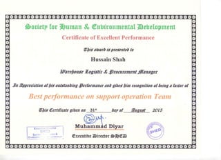 Certificate of Excellent Performance from SHED