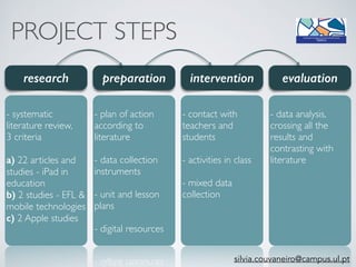 PROJECT STEPS
 
- plan of action
according to
literature 
 
- data collection
instruments 
 
- unit and lesson
plans 
 
- digital resources
 
- contact with
teachers and
students 
 
- activities in class 
 
- mixed data
collection
 
- data analysis,
crossing all the
results and
contrasting with
literature
 
- systematic
literature review, 
3 criteria 
 
a) 22 articles and
studies - iPad in
education 
b) 2 studies - EFL &
mobile technologies 
c) 2 Apple studies
research preparation intervention evaluation
silvia.couvaneiro@campus.ul.pt
 