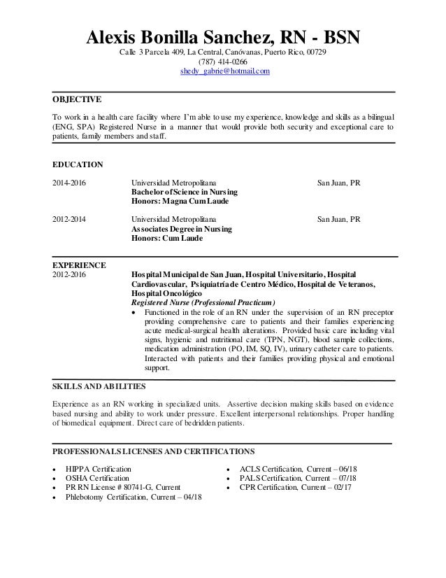 resume enfermeria english resume de enfermera