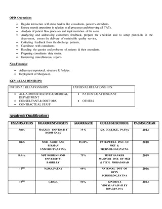 OPD Operations
 Regular interaction with stake holders like consultants, patient’s attendants.
 Ensure smooth operations in relation to all processes and observing all TATs.
 Analysis of patient flow processes and implementation of the same.
 Analyzing and addressing customers feedback, prepare the checklist and to setup protocols in the
department, ensure the delivery of sustainable quality service,
 Collecting feedback from the discharge patients,
 Coordinate with consultants
 Handling the queries and problems of patients & their attendants.
 Preparing consultants duty roster.
 Generating miscellaneous reports
Non-Financial
 Adherence to protocol, structure & Policies.
 Deployment of Manpower.
KEYRELATIONSHIPS:
INTERNAL RELATIONSHIPS EXTERNAL RELATIONSHIPS
 ALL ADMINISTRATIVE & MEDICAL
DEPARTMENT
 CONSULTANT & DOCTORS
 CONTRACTUAL STAFF
 PATIENT & ATTENDANT
 OTHERS
Academic Qualification :
EXAMINATION BOARD/UNIVERSITY AGGREGATE COLLEGE/SCHOOL PASSING YEAR
MBA MAGADH UNIVERSITY
BODH GAYA
75 % A.N. COLLEGE, PATNA 2012
BLIS MMH ARBIC AND
PERSIAN
UNIVERSITY,PATNA
85.38% PATLIPUTRA INST. OF
MGT &
TECHNOLOGY,PATNA
2010
B.B.A. MJP ROHILKHAND
UNIVERSITY,
BAREILLY
75% TEERTHANKER
MAHAVIR INST. OF MGT
& TECH. MORADABAD
2009
12TH N.I.O.S.,PATNA 60% NATIONAL INST OF
OPEN
SCHOOLING,PATNA
2006
10TH C.B.S.E. 56% KENDRIYA
VIDYALAYA,BAILEY
ROAD,PATNA
2002
 