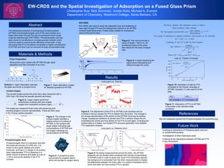 EW-CRDS and the Spatial Investigation of Adsorption on a Fused Glass Prism
Christopher Sue, Nick Sovronec, Jordan Kohl, Michael A. Everest
Department of Chemistry, Westmont College, Santa Barbara, CA
Abstract
The interactions between (3-aminopropyl)-trimethoxysilane
(APTMS) and phosphotungstic acid (PTA) were studied on a
fused-silica prism through the use of evanescent-wave cavity-
ringdown spectroscopy (EW-CRDS). Phosphotungstic acid has
been shown to be effective in increasing proton transfer which
could be useful in improving the efficiency of fuel cells. It was
discovered that PTA will adsorb irreversibly to higher concentration
of APTMS and that it can be removed through concentrated base.
Materials & Methods
Results
References
•Looking at interactions of Phosphotungstic acid and
N--butyltrimethoxysilane.
•Investigation of other heteropoly acids.
•Looking at the interactions between APTMS and PTA
in two dimensions.
http://en.wikipedia.org/wiki/File:Phosphotungstate-3D-polyhedra.png
Prism Preparation
Silica prisms were coated with APTMS through vapor
deposition and then annealed in an oven.
θ θ
Scheme 1: Vapor Deposition silanizes
the glass and forms a covalent bond.
Contact Angles
The contact angles across the prism face were measured with a
KSV Cam-100 using the pseudo-dynamic technique.
Figure 2: Larger angles result from
hydrophobic surfaces (left) and smaller
angles from hydrophilic surfaces (right).
Figure 3: The change in the
contact angles indicates a
relative amount of coating of
APTMS on the surface with
larger angles indicating high
concentrations of APTMS and
low angles indicating low
concentrations of APTMS.
EW-CRDS
Phosphotungstic Acid
Phosphotungstic Acid is a hetropoly acid with
the molecular formula of H3PW12O40. It is
known to be a good catalyst and proton
conductor, and has a -3 charge on its surface
when deprotenated. PTA is dissolved in a
50/50 mixture of ethanol and water at a pH of
~2.00 to ensure the stability of the PTA
complex.
Future Work
EW-CRDS was used to study the adsorption loss and scattering of
laser light through PTA and the background solution on an APTMS
covered fused-silica prism. A laser pulse creates an evanescent
wave at the prism’s face.
Figure 9: By taking measurements across the prism, the APTMS
gradients can be studied when combined with varying concentrations
of APTMS.(Left) In order to study how much PTA irreversibly adsorbs
the background is subtracted from the other measurements to display
the differences between the prism after it is coated immediately and a
prism that does not have excess PTA in solution.
Figure 5: Two mirrors formed a
cavity of length ~164.5 cm. An
evanescent wave at the prism
face allows for the study of signal
loss.
Figure 1: Vapor deposition creates
an idealized gradient of APTMS.
Figure 6: A graph displaying the
signal slowly dissipating as it
reflects through the cavity.
The angles are measured three times with advancing and
receding angles to ensure reproducibility. These are then used
in the Young–Laplace equation
Loss vs. Fraction Coverage
Figure 10: Adsorption of light by PTA
correlated to the fraction coverage of
APTMS. Equation (1) was used to fit the
data.
Loss (ppm) vs. Time (s)
Figure 8: The attachment of the PTA to APTMS is pH sensitive and an
increase in the pH causes the PTA to detach from the prism. This change in
pH causes deprotonation of the amine on the APTMS removing its positive
charge. Subsequent additions of solvent and PTA in solution lowers the pH
protonating the amine and thus allows for the PTA to bind again. Changing the
surface back to a stable, non-binded PTA structure generates more testable
PTA application analysis.
∆Gº ∆Gº
-81 kJ/mole ± 17 7 kJ/mole ± 20
APTMS Clean Glass
Figure 11: Adsorption of PTA to APTMS
is favorable under standard state
conditions
Figure 4: A phosphorus atom
surrounded by tungsten atoms
which are bonded to oxygen atoms.
Loss (ppm) vs. Distance (mm)
 