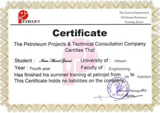 PETROJET Training Certificate