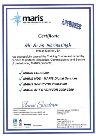 Arvin Narinesingh Maris Certificate