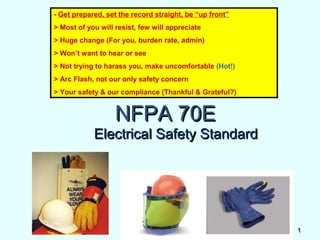 11
NFPA 70ENFPA 70E
Electrical Safety StandardElectrical Safety Standard
- Get prepared, set the record straight, be “up front”
> Most of you will resist, few will appreciate
> Huge change (For you, burden rate, admin)
> Won’t want to hear or see
> Not trying to harass you, make uncomfortable (Hot!)
> Arc Flash, not our only safety concern
> Your safety & our compliance (Thankful & Grateful?)
 