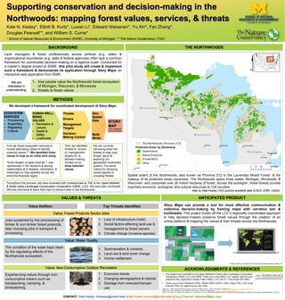 Top Threats Identified
• This project was supported by the Upper Midwest & Great Lakes Landscape Conservation
Cooperative (UMGL LCC) and SNRE. Thank you to the UMGL LCC Values Team for your
extensive help, especially to Bradly Potter (UMGL LCC) and Dr. Tricia Knoot (WI DNR).
• Thank you to Sara Siekierski (FWS), Robert West (USFS), Emily Clegg (TNC), and Doug
Pearsall (TNC) for organizing our site visits.
Supporting conservation and decision-making in the
Northwoods: mapping forest values, services, & threats
Kate N. Keeley*, Elliott B. Kurtz*, Luxian Li*, Edward Waisanen*, Yu Xin*, Fan Zhang*,
Douglas Pearsall**, and William S. Currie*
* School of Natural Resources & Environment (SNRE), University of Michigan; ** The Nature Conservancy (TNC)
Land managers & forest professionals across political (e.g. state) &
organizational boundaries (e.g. state & federal agencies) often lack a common
framework for coordinated decision-making on a regional scale. Conducted for
a master’s degree project at SNRE, this pilot study will create & implement
such a framework & demonstrate its application through Story Maps, an
interactive web application from ESRI.
BACKGROUND
METHODS
THE NORTHWOODS
We developed a framework for coordinated development of Story Maps.
1Bailey, R.G. (1995). Description of the ecoregions of the United States (2nd ed.). USDA Forest Service. Obtained from: http://www.fs.fed.us/land/ecosysmgmt/
2CMP. (2010). Open Standards for the Practice of Conservation, Version 3.0. Obtained from: http://www.conservationmeasures.org
3Smith, L. M., Case, J. L., Smith, H. M., Harwell, L. C., & Summers, J. K. (2013). Relating Ecosystem Services to Domains of Human Well-Being: Foundation for a US index. Ecological Indicators, 28, 79-90.
Spatial extent of the Northwoods, also known as Province 212 or the Laurentian Mixed Forest1 & the
makeup of its protected areas ownership. The Northwoods spans three states, Michigan, Minnesota, &
Wisconsin, and comprises over 26 million hectares of forest. Across the ecoregion, these forests provide
important economic, ecological, and cultural resources to 124 counties.
Map by Kate Keeley, from publicly available data (USGS, ESRI, USDA).
VALUES & THREATS ANTICIPATED PRODUCT
Jobs sustained by the provisioning of
timber & non-timber forest products.
Also including jobs in transport &
processing.
1. Loss of infrastructure (mills)
2. Social factors affecting land-use &
management by forest owners
3. Climate change (invasive species)
Value: Forest Products Sector Jobs
The condition of the water kept clean
by the regulating effects of the
Northwoods ecosystem.
1. Sedimentation & nutrients
2. Land-use & land cover change
3. Human settlement
Value: Water Quality
Experiencing nature through non-
consumptive means such as
backpacking, camping, &
birdwatching.
1. Economic trends
2. Changing demographics & interest
3. Damage from overuse/improper
use
Value: Non-Consumptive Outdoor Recreation ACKNOWLEDGMENTS & REFERENCES
Story Maps can provide a tool for more effective communication &
collective decision-making by framing maps with narrative text &
multimedia. This project builds off the LCC’s regionally coordinated approach
to help decision-makers preserve forest values through the creation of an
online platform & mapping the values & their threats across the Northwoods.
1. how people value the Northwoods forest ecosystem
of Michigan, Wisconsin, & Minnesota
2. threats to these values
We are
interested in
understanding:
ECOSYSTEM
SERVICES
• Provisioning
• Supporting
• Regulating
• Cultural
HUMAN WELL-
BEING
VALUES
• Recreation &
Leisure
• Health &
Safety
• Livelihoods
Threats
Drivers
Management
Targets
Decision-
Making Context
Geo-
Spatial
Data
Multi-
Media
STORY
MAP
(See Anticipated
Product Section)
We are currently
narrowing down the
threats to map (one
threat/ value) &
exploring our
geospatial/ multimedia
options. The same
criteria for choosing
values applies to
choosing threats.
First we linked ecosystem services to
human well-being values to identify
potential values. 2,3 We identified three
values to map as an initial pilot study.
To be chosen, a value must be 1. well
represented in the literature & among
stakeholders & 2. feasible, informative, &
meaningful to map spatially across the
entire Northwoods region.
Then we identified
threats to, drivers
of, management
targets for, &
decision-making
context of our
three selected
values.
Throughout this process, we have consulted with professionals at TNC & the Upper Midwest
& Great Lakes Landscape Conservation Cooperative (UMGL LCC). We have also conducted
informal interviews & taken field trips to relevant sites in the Northwoods.
CONTACT: Kate Keeley <knkeeley@umich.edu> | Bill Currie <wcurrie@umich.edu> | Doug Pearsall <dpearsall@tnc.org>
Value Defition
Images courtesy of © Copyright 2016 Environmental Systems Research Institute, Inc.
 