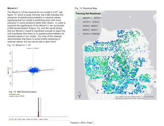Fargason | Zhao | Page 7
Moran’s I
The Moran’s I of the residual for our model is 0.07, see
figure 12, which is quite minimal, but it still indicates the
presence of spatial autocorrelation in residual values,
signifying that our model is predicting price with more
precision in some locations rather than others. In order to
examine the significance of the Moran’s I, we conducted
a 999 randomization (Figure 14), and the result shows
that our Moran’s I result is significant enough to reject the
null hypothesis that there is no spatial autocorrelation for
residual values in our model. Our map of the residual
demonstrates that there is some limited clustering of
residual values, but we cannot see a clear trend.
Fig. 12: Moran’s I = .07
Fig. 13: Residual Map
Fig. 14: 999 Randomization
 
