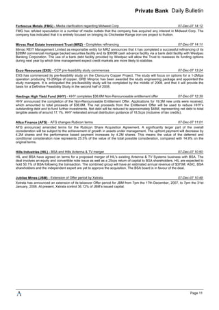 Private Bank Daily Bulletin
FMG has refuted speculation in a number of media outlets that the company has acquired any interest in Midwest Corp. The
company has indicated that it is entirely focused on bringing its Chichester Range iron ore project to fruition.
Mirvac REIT Management Limited as responsible entity for MRZ announces that it has completed a successful refinancing of its
$289M commercial mortgage backed securities facility and its $303M cash advance facility via a bank debt facility with Westpac
Banking Corporation. The use of a bank debt facility provided by Westpac will allow the Trust to reassess its funding options
during next year by which time management expect credit markets are more likely to stabilise.
EXS has commenced its pre-feasibility study on the Cloncurry Copper Project. The study will focus on options for a 1-2Mtpa
operation producing 15-25Ktps of copper. GRD Minproc has been awarded the study engineering package and appointed the
study managers. It is anticipated the pre-feasibility study will be completed by the middle of 2008, and that it will provide the
basis for a Definitive Feasibility Study in the second half of 2008.
HHY announced the completion of the Non-Renounceable Entitlement Offer. Applications for 19.3M new units were received,
which amounted to total proceeds of $36.6M. The net proceeds from the Entitlement Offer will be used to reduce HHY’s
outstanding debt and to fund further investments. Net debt will be reduced to approximately $48M, representing net debt to total
tangible assets of around 17.1%. HHY reiterated annual distribution guidance of 18.5cps (inclusive of tax credits).
AFG announced amended terms for the Rubicon Share Acquisition Agreement. A significantly larger part of the overall
consideration will be subject to the achievement of growth in assets under management. The upfront payment will decrease by
4.2M shares and the performance based payment increases by 4.2M shares. This means the value of the deferred and
conditional consideration now represents 25.5% of the value of the total possible consideration, compared with 14.9% on the
original terms.
HIL and BSA have agreed on terms for a proposed merger of HIL's existing Antenna & TV Systems business with BSA. The
deal involves an equity and convertible note issue as well as a 25cps return of capital to BSA shareholders. HIL are expected to
hold 50.1% of BSA following the transaction. The combined group will have an estimated annual revenue of $370M. ASIC, BSA
shareholders and the independent expert are yet to approve the acquisition. The BSA board is in favour of the deal.
Xstrata has announced an extension of its takeover Offer period for JBM from 7pm the 17th December, 2007, to 7pm the 31st
January, 2008. At present, Xstrata control 36.12% of JBM’s issued capital.
Fortescue Metals (FMG) - Media clarification regarding Midwest Corp 07-Dec-07 14:12
Mirvac Real Estate Investment Trust (MRZ) - Completes refinancing 07-Dec-07 14:11
Exco Resources (EXS) - CCP pre-feasibility study commences 07-Dec-07 13:24
Hastings High Yield Fund (HHY) - HHY completes $36.6M Non-Renounceable entitlement offer 07-Dec-07 12:39
Allco Finance (AFG) - AFG changes Rubicon terms 07-Dec-07 11:01
Hills Industries (HIL) - BSA and Hills Antenna & TV merger 07-Dec-07 10:50
Jubilee Mines (JBM) - Extension of Offer period by Xstrata 07-Dec-07 10:48
Page 11
 