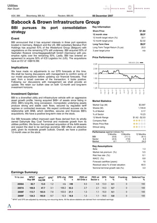 Utilities
Alan Stuart
ASX: BBI Bloomberg: BBI AU Reuters: BBI.AX 08 December 2007
Babcock & Brown Infrastructure Group
BBI pursues its port consolidation
strategy
Event
BBI announced that it has acquired interests in three port operators
located in Germany, Belgium and the US. BBI subsidiary Benelux Port
Holdings has acquired 43% of the Westerlund Group (Belgium) with
negotiations on the remaining 57% still underway. BBI acquired 50% of
Seehafen Rostock Umschlagsgesellchaft GmbH (Germany) with pre-
emptive rights over the remaining 50%. Lastly, BBI has entered an
agreement to acquire 50% of ICS Logistics Inc (US). The acquisitions
have an EV of ~A$616.5M.
Implications
We have made no adjustments to our EPS forecasts at this time.
We shall be having discussions with management to confirm some of
our model assumptions before updating our financial forecasts. That
said, from a broad overview of the transaction, it looks positive.
Following our discussions with management we shall provide an
update. We retain our bullish view on both 12-month and long-term
investment horizons.
Investment Opinion
BBI is a diversified utility and infrastructure vehicle with an aggressive
asset growth profile, having acquired $6B+ of assets since listing in
2002. BBI's long-life, long concession, monopolistic underlying assets
produce strong and stable cash flows, secured by regulated tariff
regimes or contracted revenues. We expect continued success via its
relationship with BNB, which identifies, secures and finances BBI's
acquisitions. We have a positive long-term view on the stock.
Our BBI forecasts reflect improved cash flows derived from its wholly
owned Dalrymple Bay Coal Terminal and moderate growth from its
utilities portfolio. We favour the proposed acquisition of the AAN assets
and expect the deal to be earnings accretive. BBI offers an attractive
yield, given its moderate growth outlook. Overall, we have a positive
12-month view on the stock.
Key Information
Price Performance
Market Statistics
Key Assumptions
Share Price $1.64
12 month view BUY
12 month target return (%) 32.1
12 month target price $2.02
Long Term View BUY
Long Term Target Return (% pa) 20.0
3 year target price n/a
Market Cap (M) $3,597
Shares (M) 1,745.8
% of Market 0.17
% of Sector 10.23
12 Month Range $1.42 - $2.03
Company Risk
Share Price Risk
Ethical rating
Performance against indices (%)
3 Months 6 Months 12 Months
BBI (0.6) (11.1) (9.1)
Sector (4.5) (7.8) 4.3
Market 8.1 7.3 24.0
Beta: 1.3
Market risk premium (%): 5.5
Risk free rate (%): 6.1
WACC (%): 8.8
Forecast cashflow (years): 10
Residual value % of total valuation: 60.5
Nominal terminal growth rate (%): 3.0
Earnings Summary
1 NPAT and EPS are adjusted by removing non-recurring items. All the above statistics are derived from normalised earnings.
Yr to Jun NPAT
Rep $M
NPAT1
Adj $M
EPS1
c
EPS chg
%
PER
x
PER rel
All Ords x
PER rel
Sector x
DPS
c
Yield
%
Franking
%
Deferred Tax
%
2006A 82.7 13.5 1.2 n/a >99 6.3 4.5 13.3 8.1 0 100
2007A 106.8 47.7 3.1 158.2 53.3 2.7 2.1 14.3 8.7 0 100
2008F 113.7 163.5 7.8 153.0 21.1 1.3 1.1 15.0 9.1 0 100
2009F 134.3 193.9 8.7 12.3 18.8 1.3 1.1 16.0 9.8 0 100
 