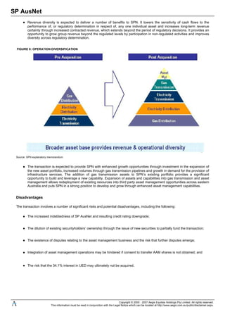 SP AusNet
Revenue diversity is expected to deliver a number of benefits to SPN. It lowers the sensitivity of cash flows to the
performance of, or regulatory determination in respect of, any one individual asset and increases long-term revenue
certainty through increased contracted revenue, which extends beyond the period of regulatory decisions. It provides an
opportunity to grow group revenue beyond the regulated levels by participation in non-regulated activities and improves
diversity across regulatory determination.
FIGURE 6: OPERATION DIVERSIFICATION
Source: SPN explanatory memorandum
The transaction is expected to provide SPN with enhanced growth opportunities through investment in the expansion of
the new asset portfolio, increased volumes through gas transmission pipelines and growth in demand for the provision of
infrastructure services. The addition of gas transmission assets to SPN’s existing portfolio provides a significant
opportunity to build and leverage a new capability. Expansion of assets and capabilities into gas transmission and asset
management allows redeployment of existing resources into third party asset management opportunities across eastern
Australia and puts SPN in a strong position to develop and grow through enhanced asset management capabilities.
Disadvantages
The transaction involves a number of significant risks and potential disadvantages, including the following:
The increased indebtedness of SP AusNet and resulting credit rating downgrade;
The dilution of existing securityholders’ ownership through the issue of new securities to partially fund the transaction;
The existence of disputes relating to the asset management business and the risk that further disputes emerge;
Integration of asset management operations may be hindered if consent to transfer AAM shares is not obtained; and
The risk that the 34.1% interest in UED may ultimately not be acquired.
Copyright © 2000 - 2007 Aegis Equities Holdings Pty Limited. All rights reserved.
This information must be read in conjunction with the Legal Notice which can be located at http://www.aegis.com.au/public/disclaimer.aspx.
 