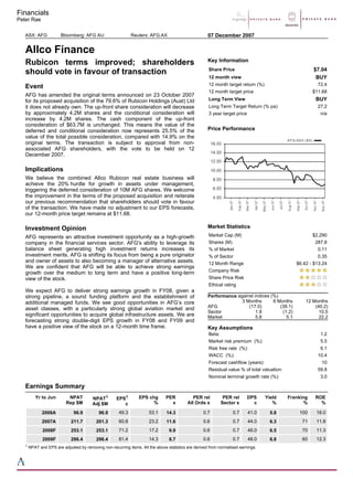 Financials
Peter Rae
ASX: AFG Bloomberg: AFG AU Reuters: AFG.AX 07 December 2007
Allco Finance
Rubicon terms improved; shareholders
should vote in favour of transaction
Event
AFG has amended the original terms announced on 23 October 2007
for its proposed acquisition of the 79.6% of Rubicon Holdings (Aust) Ltd
it does not already own. The up-front share consideration will decrease
by approximately 4.2M shares and the conditional consideration will
increase by 4.2M shares. The cash component of the up-front
consideration of $63.7M is unchanged. This means the value of the
deferred and conditional consideration now represents 25.5% of the
value of the total possible consideration, compared with 14.9% on the
original terms. The transaction is subject to approval from non-
associated AFG shareholders, with the vote to be held on 12
December 2007.
Implications
We believe the combined Allco Rubicon real estate business will
achieve the 20% hurdle for growth in assets under management,
triggering the deferred consideration of 10M AFG shares. We welcome
the improvement in the terms of the proposed acquisition and reiterate
our previous recommendation that shareholders should vote in favour
of the transaction. We have made no adjustment to our EPS forecasts,
our 12-month price target remains at $11.68.
Investment Opinion
AFG represents an attractive investment opportunity as a high-growth
company in the financial services sector. AFG's ability to leverage its
balance sheet generating high investment returns increases its
investment merits. AFG is shifting its focus from being a pure originator
and owner of assets to also becoming a manager of alternative assets.
We are confident that AFG will be able to achieve strong earnings
growth over the medium to long term and have a positive long-term
view of the stock.
We expect AFG to deliver strong earnings growth in FY08, given a
strong pipeline, a sound funding platform and the establishment of
additional managed funds. We see good opportunities in AFG’s core
asset classes, with a particularly strong global aviation market and
significant opportunities to acquire global infrastructure assets. We are
forecasting strong double-digit EPS growth in FY08 and FY09 and
have a positive view of the stock on a 12-month time frame.
Key Information
Price Performance
Market Statistics
Key Assumptions
Share Price $7.04
12 month view BUY
12 month target return (%) 72.4
12 month target price $11.68
Long Term View BUY
Long Term Target Return (% pa) 27.2
3 year target price n/a
Market Cap (M) $2,290
Shares (M) 287.8
% of Market 0.11
% of Sector 0.35
12 Month Range $6.42 - $13.24
Company Risk
Share Price Risk
Ethical rating
Performance against indices (%)
3 Months 6 Months 12 Months
AFG (17.0) (39.1) (40.2)
Sector 1.9 (1.2) 10.5
Market 5.8 5.1 22.2
Beta: 1.2
Market risk premium (%): 5.5
Risk free rate (%): 6.1
WACC (%): 10.4
Forecast cashflow (years): 10
Residual value % of total valuation: 59.8
Nominal terminal growth rate (%): 3.0
Earnings Summary
1 NPAT and EPS are adjusted by removing non-recurring items. All the above statistics are derived from normalised earnings.
Yr to Jun NPAT
Rep $M
NPAT1
Adj $M
EPS1
c
EPS chg
%
PER
x
PER rel
All Ords x
PER rel
Sector x
DPS
c
Yield
%
Franking
%
ROE
%
2006A 96.9 96.9 49.3 53.1 14.3 0.7 0.7 41.0 5.8 100 18.0
2007A 211.7 201.3 60.8 23.2 11.6 0.6 0.7 44.0 6.3 71 11.8
2008F 253.1 253.1 71.2 17.2 9.9 0.6 0.7 46.0 6.5 70 11.3
2009F 296.4 296.4 81.4 14.3 8.7 0.6 0.7 48.0 6.8 60 12.3
 