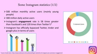 Some Instagram statistics (1/2)
500 million monthly active users (mainly young
people)
300 million daily active users
Instagram’s engagement rate is 58 times greater
than Facebook’s and 120 times than Twitter’s*
Instagram has officially bypassed Twitter, tinder and
google plus in terms of users
*source: Studio Samo: https://www.studiosamo.it/visualstorytelling/5-statistiche-di-instagram-per-aumentare-l-engagement/
 