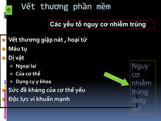 Vết thương phần mềm
Các yếu tố nguy cơ nhiễm trùng
 Vết thương giập nát , hoại tử
 Máu tụ
 Dị vật
 Ngoại lai
 Của cơ thể
 Dụng cụ y khoa
 Sức đề kháng của cơ thể yếu
 Độc lực vi khuẩn mạnh
Nguy
cơ
nhiễm
trùng
tăng
lên
 