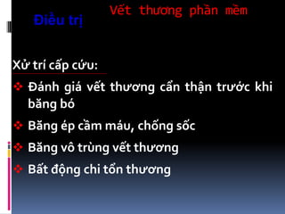 Vết thương phần mềm
Xử trí cấp cứu:
 Đánh giá vết thương cẩn thận trước khi
băng bó
 Băng ép cầm máu, chống sốc
 Băng vô trùng vết thương
 Bất động chi tổn thương
Điều trị
 