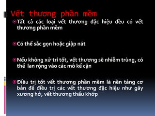 Vết thương phần mềm
Tất cả các loại vết thương đặc hiệu đều có vết
thương phần mềm
Có thể sắc gọn hoặc giập nát
Nếu không xử trí tốt, vết thương sẽ nhiễm trùng, có
thể lan rộng vào các mô kế cận
Điều trị tốt vết thương phần mềm là nền tảng cơ
bản để điều trị các vết thương đặc hiệu như gãy
xương hở, vết thương thấu khớp
 