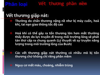 Vết thương phần mềm
Vết thương giập nát:
 Thường do chấn thương nặng nề như bị máy cuốn, hoả
khí, tai nạn giao thông tốc độ cao
 Hoả khí có thể gây ra tổn thương lớn hơn mắt thường
thấy được do lực truyền đi trong môi trường lỏng sẽ phát
tán thứ cấp ra chung quanh (Lý thuyết về sự truyền năng
lượng trong môi trường lỏng của Bush)
 Các vết thương giập nát thường có nhiều mô bị tổn
thương chứ không chỉ riêng phần mềm
 Nguy cơ mất máu, choáng, nhiễm trùng
Phân loại
 