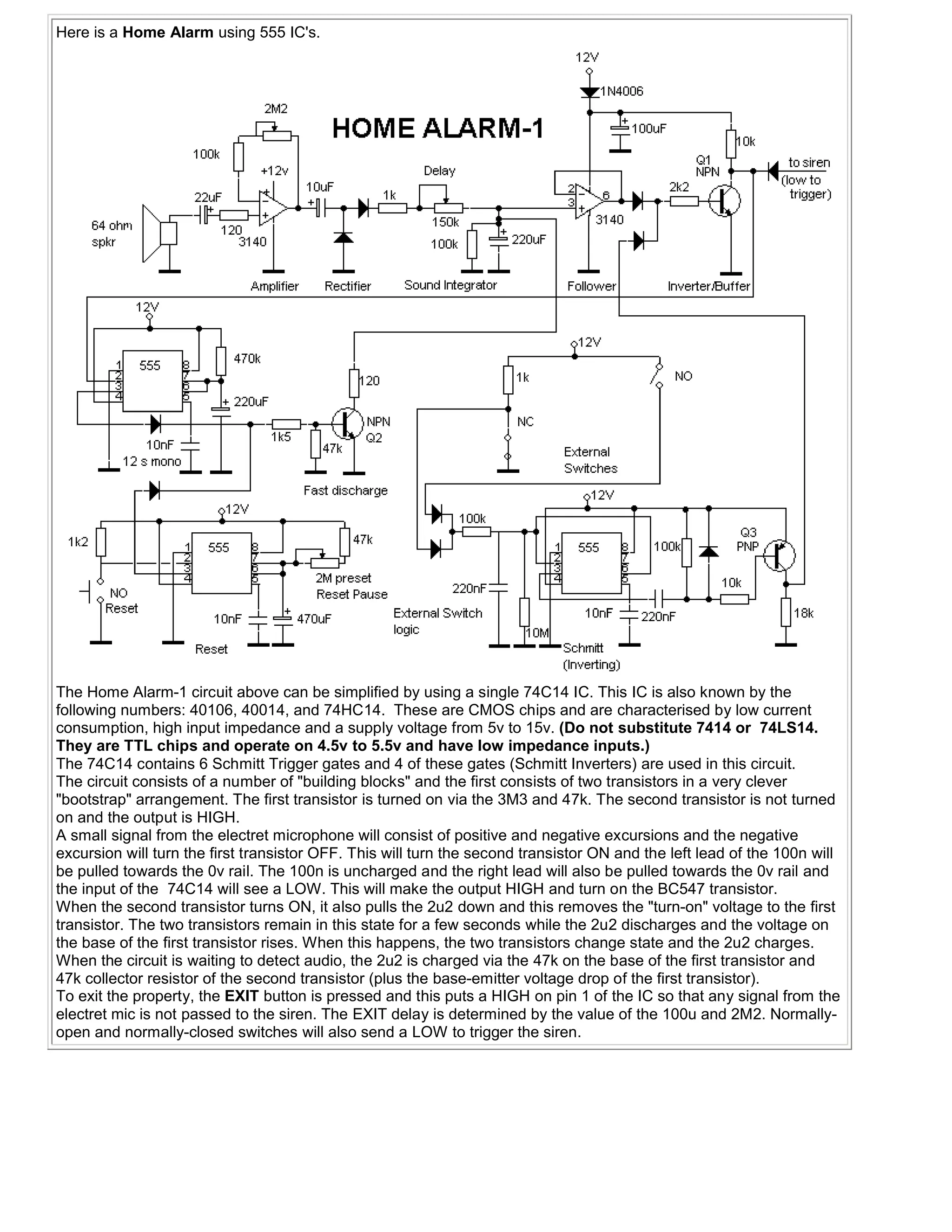 Here is a Home Alarm using 555 IC's.




The Home Alarm-1 circuit above can be simplified by using a single 74C14 IC. This IC is also known by the
following numbers: 40106, 40014, and 74HC14. These are CMOS chips and are characterised by low current
consumption, high input impedance and a supply voltage from 5v to 15v. (Do not substitute 7414 or 74LS14.
They are TTL chips and operate on 4.5v to 5.5v and have low impedance inputs.)
The 74C14 contains 6 Schmitt Trigger gates and 4 of these gates (Schmitt Inverters) are used in this circuit.
The circuit consists of a number of "building blocks" and the first consists of two transistors in a very clever
"bootstrap" arrangement. The first transistor is turned on via the 3M3 and 47k. The second transistor is not turned
on and the output is HIGH.
A small signal from the electret microphone will consist of positive and negative excursions and the negative
excursion will turn the first transistor OFF. This will turn the second transistor ON and the left lead of the 100n will
be pulled towards the 0v rail. The 100n is uncharged and the right lead will also be pulled towards the 0v rail and
the input of the 74C14 will see a LOW. This will make the output HIGH and turn on the BC547 transistor.
When the second transistor turns ON, it also pulls the 2u2 down and this removes the "turn-on" voltage to the first
transistor. The two transistors remain in this state for a few seconds while the 2u2 discharges and the voltage on
the base of the first transistor rises. When this happens, the two transistors change state and the 2u2 charges.
When the circuit is waiting to detect audio, the 2u2 is charged via the 47k on the base of the first transistor and
47k collector resistor of the second transistor (plus the base-emitter voltage drop of the first transistor).
To exit the property, the EXIT button is pressed and this puts a HIGH on pin 1 of the IC so that any signal from the
electret mic is not passed to the siren. The EXIT delay is determined by the value of the 100u and 2M2. Normally-
open and normally-closed switches will also send a LOW to trigger the siren.
 