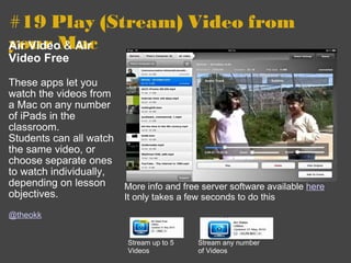 #19 Play (Stream) Video from your Mac   Air Video  &  Air Video Free These apps let you watch the videos from a Mac on any number of iPads in the classroom. Students can all watch the same video, or choose separate ones to watch individually, depending on lesson objectives. @theokk More info and free server software available  here It only takes a few seconds to do this Stream up to 5 Videos Stream any number of Videos 