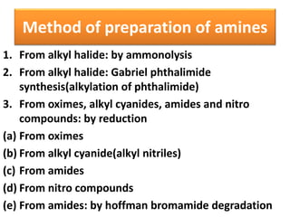 Method of preparation of amines
1. From alkyl halide: by ammonolysis
2. From alkyl halide: Gabriel phthalimide
synthesis(alkylation of phthalimide)
3. From oximes, alkyl cyanides, amides and nitro
compounds: by reduction
(a) From oximes
(b) From alkyl cyanide(alkyl nitriles)
(c) From amides
(d) From nitro compounds
(e) From amides: by hoffman bromamide degradation
 