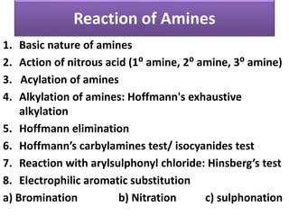 Reaction of Amines
1. Basic nature of amines
2. Action of nitrous acid (1⁰ amine, 2⁰ amine, 3⁰ amine)
3. Acylation of amines
4. Alkylation of amines: Hoffmann's exhaustive
alkylation
5. Hoffmann elimination
6. Hoffmann’s carbylamines test/ isocyanides test
7. Reaction with arylsulphonyl chloride: Hinsberg’s test
8. Electrophilic aromatic substitution
a) Bromination b) Nitration c) sulphonation
 
