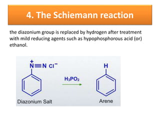 4. The Schiemann reaction
the diazonium group is replaced by hydrogen after treatment
with mild reducing agents such as hypophosphorous acid (or)
ethanol.
 