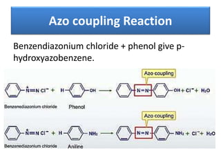 Azo coupling Reaction
Benzendiazonium chloride + phenol give p-
hydroxyazobenzene.
 