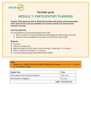 Facilitator guide
          MODULE 7: PARTICIPATORY PLANNING
Purpose: Participants are able to effectively facilitate participatory planning processes,
which allow for the input and ownership of all actors involved and maximise their
chances of success.

Learning objectives:
On completing this module participants should be…
    Able to outline a simple but effective methodology for participatory planning
    Aware of various adaptations and when and how they may be used

Materials:
 Flipchart
 Plenty of marker pens
 Blank A5 post-its (or A5 cards if you are using a ‘sticky wall’) in 3 colours
 Sets of coloured dot stickers in 2 colours
 7.1 Action Record Charts (see session plan below)




Note:
   Sessions on Interest Forums and Market Opportunity Groups can be found in Module
   8: Facilitating Change

Session title                                                     Time
Participatory Planning Demonstration                              165 mins
Demonstration Digestion                                           45 mins
                                                           Total 3 hrs 30 mins
 