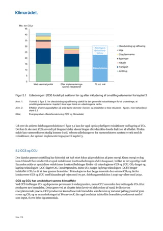 Side 118
Figur 5.1 Udledninger i 2030 fordelt på sektorer før og efter inkludering af omstillingselementer fra kapitel 3
Anm. 1: I forhold til figur 3.1 er olieudvinding og raffinering udskilt fra den generelle industrikategori for at understrege, at
omstillingselementerne i kapitel 3 ikke tager hånd om udledningerne herfra.
Anm. 2: Effekten af drivhusgasafgiften på antal kørte kilometer i benzin- og dieselbiler er ikke inkluderet i figuren, men behandles i
afsnit 5.3
Kilde: Energistyrelsen, Basisfremskrivning 2019 og Klimarådet.
Ud over de anførte drivhusgasreduktioner i figur 5.1 kan der også opnås yderligere reduktioner ved lagring af CO2.
Det kan fx ske med CCS anvendt på biogene kilder såsom biogas eller den ikke-fossile fraktion af affaldet. På den
måde kan varmesektoren stadig komme i spil, selvom udledningerne fra varmesektoren næsten er væk med de
reduktioner, der opnås i implementeringssporet i kapitel 3.
5.2 CCS og CCU
Den danske grønne omstilling har historisk set haft stort fokus på produktion af grøn energi. Grøn energi er dog
kun ét blandt flere midler til at opnå reduktioner i nettoudledningen af drivhusgasser, hvilket er det egentlige mål.
En anden måde at opnå disse reduktioner i nettoudledninger finder vi i teknologierne CCS og CCU. CO2-fangst og
lagring-teknologien (CCS) lagrer CO2 i undergrunden, mens CO2-fangst og brug-teknologien (CCU) bruger
kulstoffet i CO2’en til at lave grønne brændsler. Teknologierne kan begge anvende den samme CO2 og derfor
konkurrerer CCS og CCU med hinanden på vejen mod 70 pct. drivhusgasreduktion i 2030 og videre mod 2050.
CCS og CCU har umiddelbart samme klimaeffekt
Ved CCS indfanges CO2 og deponeres permanent i undergrunden, mens CCU anvender den indfangede CO2 til at
producere nye brændsler. Dette gøres ved at tilsætte brint lavet ved elektrolyse af vand, hvilket er en
energikrævende proces. CCU producerer kulstofbaserede brændsler som benzin og metanol på baggrund af grøn
strøm og CO2 og er en underkategori af Power-to-X, der også omfatter kulstoffrie brændsler produceret med el
som input, fx ren brint og ammoniak.
0
5
10
15
20
25
30
35
40
45
Med uændret politik Efter implementerings-
sporets reduktioner
70 pct. mål
Mio. ton CO2e
Olieudvinding og raffinering
Miljø
El og fjernvarme
Bygninger
Industri
Transport
Jordbrug
Yderligere
reduktions-
behov
Målopfyldelse
 