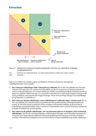 Side 37
Figur 2.3 Skabelon til vurdering af reduktionspotentialet i Danmark og i udlandet for forskellige
omstillingselementer
Anm.: Eksempler på omstillingselementer i de enkelte bogstavindikerede områder gives i teksten nedenfor.
Kilde: Klimarådet.
Figur 2.3 er inddelt i fire områder angivet med bogstaver. Nedenfor præsenteres eksempler på
omstillingselementer i hvert område.
A. Her reduceres udledninger både i Danmark og i udlandet. Det vil ofte være tilfældet, hvis Danmark
reducerer forbruget af en vare, som har stort klimaaftryk, og som har producenter på hjemmemarkedet, fx
cement. Forbrugsreduktionen vil i de fleste tilfælde føre til både en produktionsnedgang i Danmark og mindre
import fra udlandet. Effekten kan dog i en vis grad blive udvandet ved, at andre lande muligvis vil aftage en del
af den produktion, som Danmark ikke længere forbruger. Denne form for lækage betegnes som kulstoflækage
på forbrugssiden, se også Boks 2.4.
B. Her reduceres danske udledninger, mens udledningerne i udlandet stiger i mindre grad. Det vil
ofte være tilfældet, hvis Danmark reducerer produktionen af et produkt med høj udledningsintensitet som
cement. En del af den danske produktion vil blive overtaget af udenlandske fabrikker og dermed lede til
kulstoflækage på produktionssiden. Boks 2.4 beskriver i matematiske termer, hvad der bestemmer lækagen på
henholdsvis produktions- og forbrugssiden.
C. Her reduceres de globale udledninger, selv om Danmark oplever en forøgelse af de territoriale
udledninger. Det kan ske ved dansk produktion af flybrændstof fra biogas, som så anvendes internationalt. I
et scenarie, hvor biogas ikke kan dække hele det danske gasforbrug frem mod 2030, så der ikke er biogas i
overskud, vil kanalisering af biogasressourcen til international transport umiddelbart øge danske udledninger
 
