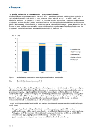 Side 50
Forventede udledninger og forudsætninger i Basisfremskrivning 2019
Transportsektoren udledte i alt 13,5 mio. ton CO2e i 2017. I basisfremskrivningen forventes denne udledning at
være stort set uændret i 2030, nemlig 13,1 mio. ton CO2e, hvilket er et fald på 3 pct. i forhold til 2020. Den
forventede udledning i 2030 svarer til ca. 30 pct. af Danmarks samlede udledninger. Udledningerne kommer fra
personbiler, varebiler, lastbiler, busser, samt banetransport, indenrigsluftfart, indenrigssøfart og øvrige militære
formål. Vejtransporten er dominerende og udgjorde ca. 90 pct. af udledningerne i 2017, hvoraf personbiler stod for
den største andel med ca. 49 procentpoint, mens varebiler og den tunge transport (lastbiler og busser) stod for
henholdsvis 13 og 28 procentpoint. Transportens udledninger er vist i figur 3.4.
Figur 3.4 Historiske og fremskrevne drivhusgasudledninger fra transporten
Kilde: Energistyrelsen, Basisfremskrivningen 2019.
Der er en række forskellige udviklinger i basisfremskrivningen, der er værd at holde øje med. Den væsentligste er
udviklingen i antallet af fossilbiler og elbiler. En generel forventning om stigende transportarbejde forventes at
give en samlet stigning i bilparken på knap 600.000 biler sammenlignet med 2020. Så selv om der ifølge
basisfremskrivningen kommer op mod 300.000 elbiler i 2030, så kommer der også omtrent lige så mange flere
benzin- og dieselbiler. Elbiler bruges her som fællesbetegnelse for batteribiler, opladningshybrider og brintbiler.
Biler bliver løbende skiftet ud, og derfor forventer basisfremskrivningen, at der bliver solgt i alt 2,7 mio.
personbiler de næste ti år, hvoraf blot ca. 10 pct. forventes at være elbiler.
Ud over udviklingen inden for bilbestanden sker der også ændringer i de øvrige transportformers udledninger,
blandt andet:
• EU-regulering stiller krav til øget effektivitet i personbilerne, og benzin- og dieselbiler vurderes i
basisfremskrivningen at blive 13 pct. mere effektive i 2030 i forhold til 2020 som følge af denne regulering.
• På baggrund af EU-krav vurderes det i basisfremskrivningen, at fossildrevne varebiler og lastbiler bliver
henholdsvis ca. 12 pct. og 28 pct. mere effektive i 2030 i forhold til 2020.
• 55 pct. af rutebusserne antages i 2030 at være omstillet til biodiesel, el, brint eller gas.
0
2
4
6
8
10
12
14
16
1990 2017 2030
Mio. ton CO2e
Militære formål
Søfart, indenrigs
Banetransport
Luftfart, indenrigs
Vejtransport
 