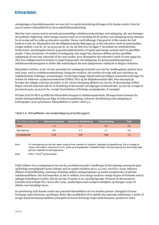 Side 58
omlægningen af produktionsarealer ses som led i en samlet prioritering af brugen af de danske arealer, frem for
som et isoleret virkemiddel til at nå en enkelt klimamålsætning.
Man bør være varsom med at anvende gennemsnitlige reduktionsomkostninger ved omlægning, når man foretager
den politiske rådgivning. Dette hænger sammen med, at en betydelig del af værdien ved omlægning netop stammer
fra de øvrige mål for miljø og rekreative områder. Denne værdi afhænger i høj grad af, hvilke arealer der helt
konkret er tale om. Eksempelvis har det Miljøøkonomiske Råd peget på, at den rekreative værdi af naturområder
svinger mellem 1.000 kr. pr. ha og 25.000 kr. pr. ha, alt efter hvor de ligger.36 En indsats for artsbeskyttelse,
biodiversitet, spredningskorridorer og grundvandsbeskyttelse vil typisk også hænge sammen med ret specifikke
arealer. I disse situationer vil værdien af omlægning være meget høj, eftersom effekten på den specifikke
målsætning vil være høj. Omvendt vil der være arealer, hvor eksempelvis den rekreative værdi vil være meget lav,
eller hvor miljøgevinsterne konkret er meget begrænsede ved omlægning. En gennemsnitsbetragtning af
reduktionsomkostningerne er derfor ikke nødvendigvis det mest hjælpsomme værktøj til at dirigere indsatsen.
Klimarådet vurderer, at der vil være potentiale for omlægning af mindst 100.000 ha. landbrugsjord, gradvist frem
mod 2030, med en reduktionsomkostning i kategorien medium, når værdien af øvrige mål som rekreation og
miljøbeskyttelse inddrages i prissætningen. Vurderingen bygger blandt andet på tidligere potentialevurderinger fra
Institut for Fødevare- og Ressourceøkonomi (IFRO), DCA og det Miljøøkonomiske Råd. Som eksempel på,
hvordan det omlagte areal kan anvendes, er der i denne beregning allokeret 50.000 ha. til skovrejsning, hvilket
flugter med det nationale mål for en fordobling af skovarealet ved udgangen af århundredet. 25.000 ha. overgår til
permanent græs, og 25.000 ha. overgår til produktion af flerårige energiafgrøder, fx energipil.
På basis af tal fra DCA og IFRO har Klimarådet beregnet et reduktionspotentiale. Klimagevinsten kommer fra
mindre lattergasudledning som følge af reduceret gødskning, reduceret dieselforbrug samt opbygning af
kulstofpuljen i jord og biomasse. Klimaeffekten er anført i tabel 3.4.
Tabel 3.4 Klimaeffekten ved arealomlægning af landbrugsjord
Ton CO2e pr. ha pr. år Reduceret lattergas Reduceret dieselforbrug Kulstofbinding Total
Græs 1,2 1,1 0,5 2,8
Skovrejsning 0,8 0,7 4,1 5,6
Energiafgrøder 0,35 0,35 0,66 1,4
Anm.: For skovrejsning har det ikke været muligt at finde værdier for reduktion i lattergas og dieselforbrug. Der er antaget et
niveau midt mellem niveauerne for hhv. græs og energiafgrøder. Kulstofbindingen ved skovrejsning kan formentligt øges
gennem målrettet forvaltningspraksis.
Kilde: IFRO,37 DCA38
og Klimarådet.
Fuldt indfaset vil en omlægning af 100.000 ha. produktionsarealer i landbruget til skovrejsning, permanent græs
og flerårige energiafgrøder kunne bidrage med en samlet reduktion på ca. 0,4 mio. ton CO2e i 2030, inklusive
effekten af kulstofbinding. Justering i fordeling mellem omlægningstyper og samlet arealstørrelse vil påvirke
reduktionseffekten. Det skal bemærkes, at det er usikkert, hvor længe arealerne omlagt til græs vil fortsætte med at
opbygge kulstoflagret i jorden, idet der på sigt vil opnås en ny, naturlig ligevægt. Derimod vil skovarealerne
fortsætte med at binde CO2 i årene efter 2030, sandsynligvis med en højere hastighed, og bidraget i 2050 vil
således være betydeligt større.
En prioritering af de danske arealer har potentielt klimaeffekter ud over landets grænser. Energipil vil kunne
fortrænge anden biomasse, og bidrager derfor ikke umiddelbart til at opfylde den nationale målsætning. I stedet vil
en øget dansk biomasseproduktion principielt set kunne fortrænge noget andet biomasse, produceret enten
 