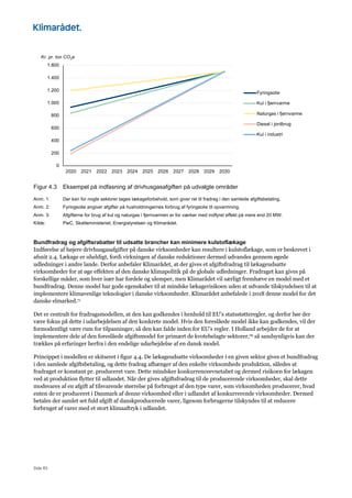Side 83
Figur 4.3 Eksempel på indfasning af drivhusgasafgiften på udvalgte områder
Anm. 1: Der kan for nogle sektorer tages lækageforbehold, som giver ret til fradrag i den samlede afgiftsbetaling.
Anm. 2: Fyringsolie angiver afgifter på husholdningernes forbrug af fyringsolie til opvarmning.
Anm. 3: Afgifterne for brug af kul og naturgas i fjernvarmen er for værker med indfyret effekt på mere end 20 MW.
Kilde: PwC, Skatteministeriet, Energistyrelsen og Klimarådet.
Bundfradrag og afgiftsrabatter til udsatte brancher kan minimere kulstoflækage
Indførelse af højere drivhusgasafgifter på danske virksomheder kan resultere i kulstoflækage, som er beskrevet i
afsnit 2.4. Lækage er uheldigt, fordi virkningen af danske reduktioner dermed udvandes gennem øgede
udledninger i andre lande. Derfor anbefaler Klimarådet, at der gives et afgiftsfradrag til lækageudsatte
virksomheder for at øge effekten af den danske klimapolitik på de globale udledninger. Fradraget kan gives på
forskellige måder, som hver især har fordele og ulemper, men Klimarådet vil særligt fremhæve en model med et
bundfradrag. Denne model har gode egenskaber til at mindske lækagerisikoen uden at udvande tilskyndelsen til at
implementere klimavenlige teknologier i danske virksomheder. Klimarådet anbefalede i 2018 denne model for det
danske elmarked.71
Det er centralt for fradragsmodellen, at den kan godkendes i henhold til EU’s statsstøtteregler, og derfor bør der
være fokus på dette i udarbejdelsen af den konkrete model. Hvis den foreslåede model ikke kan godkendes, vil der
formodentligt være rum for tilpasninger, så den kan falde inden for EU’s regler. I Holland arbejder de for at
implementere dele af den foreslåede afgiftsmodel for primært de kvotebelagte sektorer,76 så sandsynligvis kan der
trækkes på erfaringer herfra i den endelige udarbejdelse af en dansk model.
Princippet i modellen er skitseret i figur 4.4. De lækageudsatte virksomheder i en given sektor gives et bundfradrag
i den samlede afgiftsbetaling, og dette fradrag afhænger af den enkelte virksomheds produktion, således at
fradraget er konstant pr. produceret vare. Dette mindsker konkurrenceevnetabet og dermed risikoen for lækagen
ved at produktion flytter til udlandet. Når der gives afgiftsfradrag til de producerende virksomheder, skal dette
modsvares af en afgift af tilsvarende størrelse på forbruget af den type varer, som virksomheden producerer, hvad
enten de er produceret i Danmark af denne virksomhed eller i udlandet af konkurrerende virksomheder. Dermed
betales der samlet set fuld afgift af danskproducerede varer, ligesom forbrugerne tilskyndes til at reducere
forbruget af varer med et stort klimaaftryk i udlandet.
0
200
400
600
800
1.000
1.200
1.400
1.600
2020 2021 2022 2023 2024 2025 2026 2027 2028 2029 2030
Kr. pr. ton CO2e
Fyringsolie
Kul i fjernvarme
Naturgas i fjernvarme
Diesel i jordbrug
Kul i industri
 