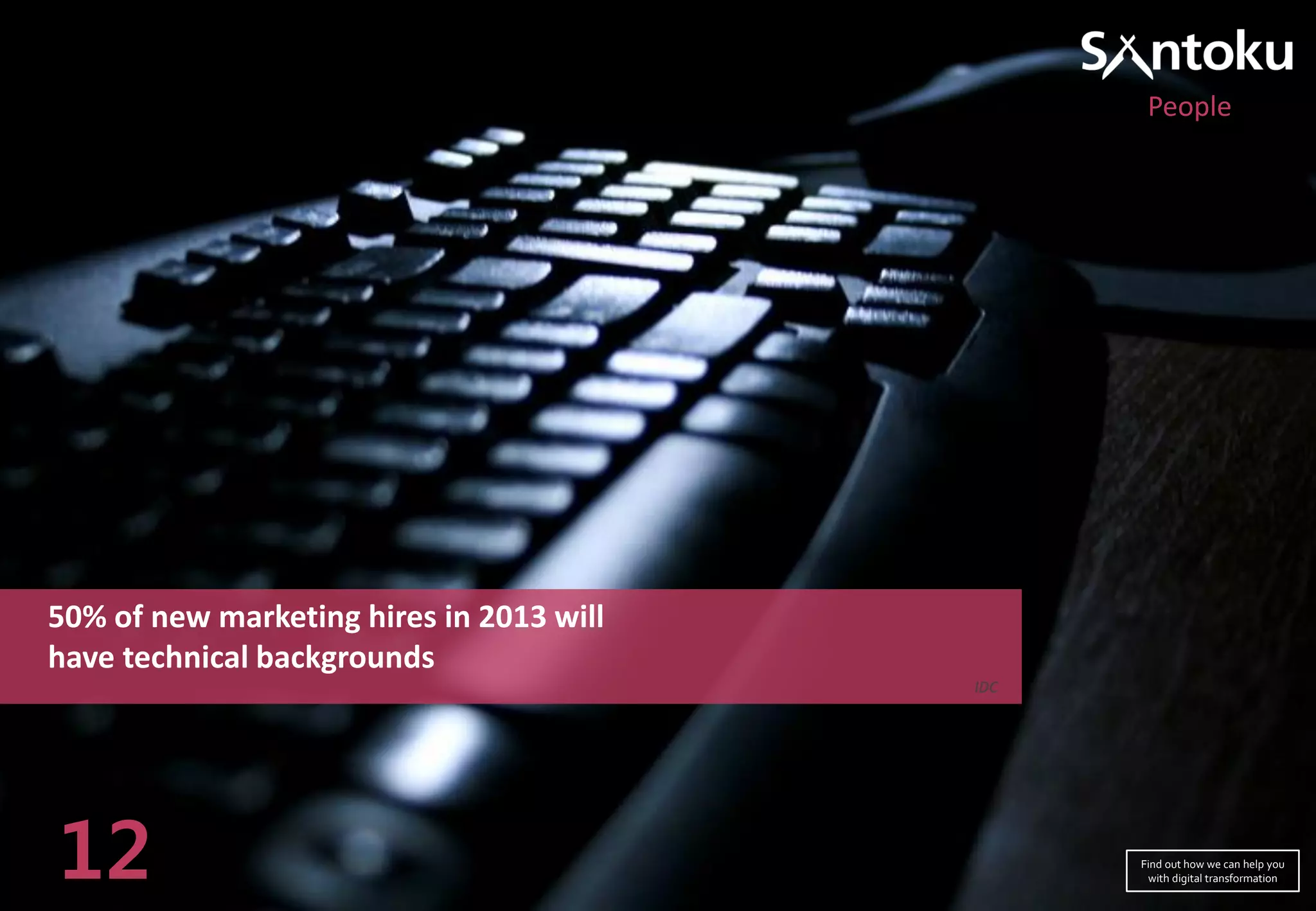50% of new marketing hires in 2013 will
have technical backgrounds
IDC
12
People
Find out how we can help you
with digital transformation
 
