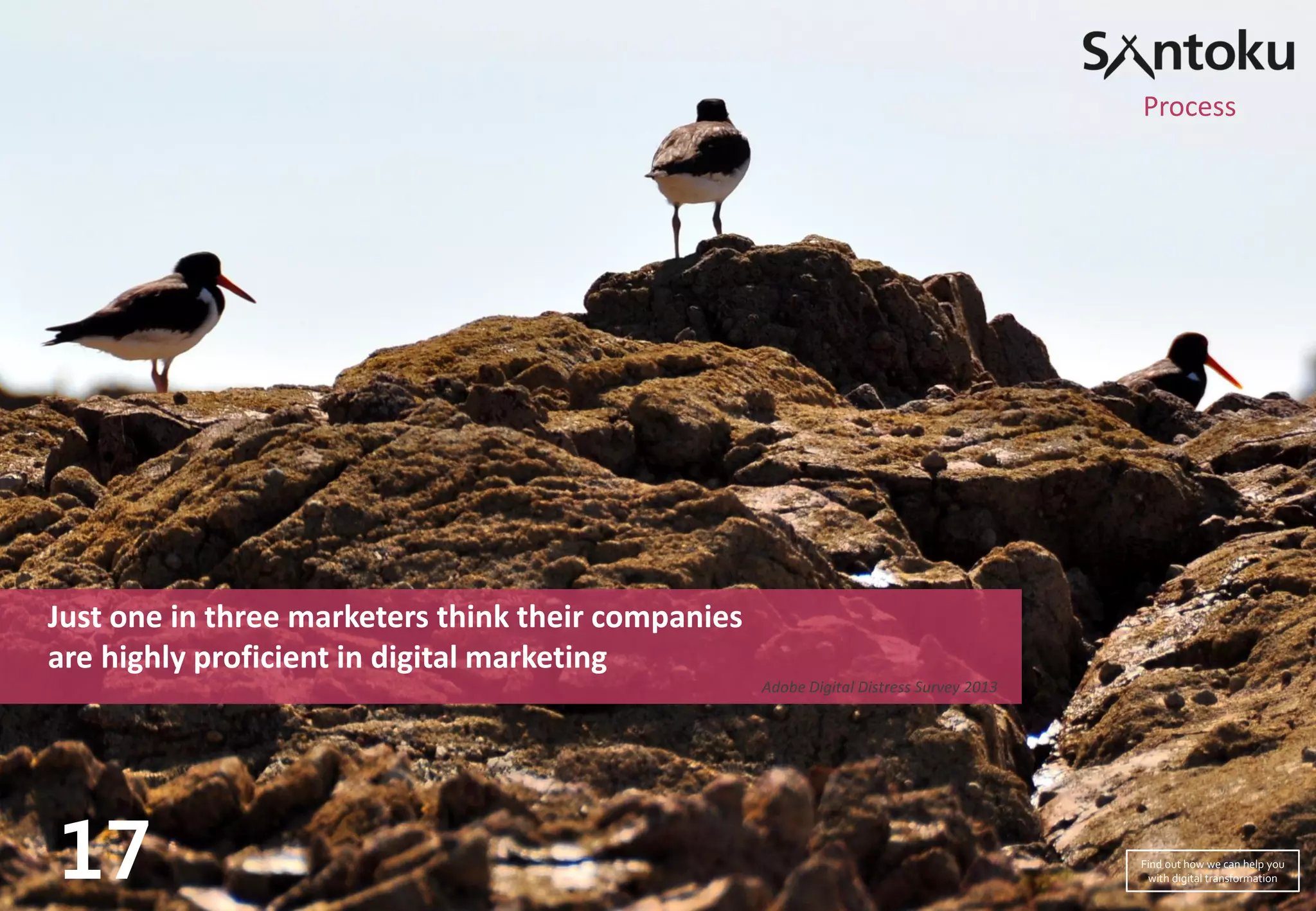 Just one in three marketers think their companies
are highly proficient in digital marketing
Adobe Digital Distress Survey 2013
17
Process
Find out how we can help you
with digital transformation
 