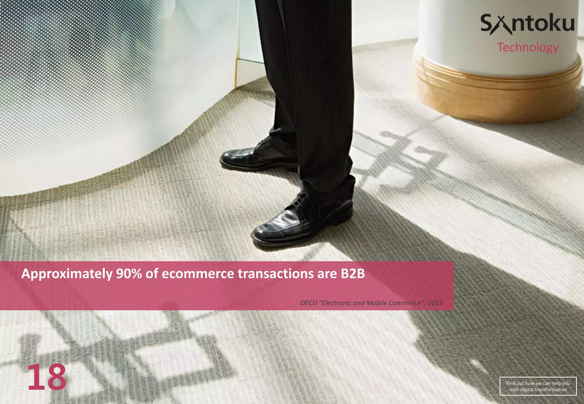 Approximately 90% of ecommerce transactions are B2B
OECD "Electronic and Mobile Commerce", 2013
18
Technology
Find out how we can help you
with digital transformation
 