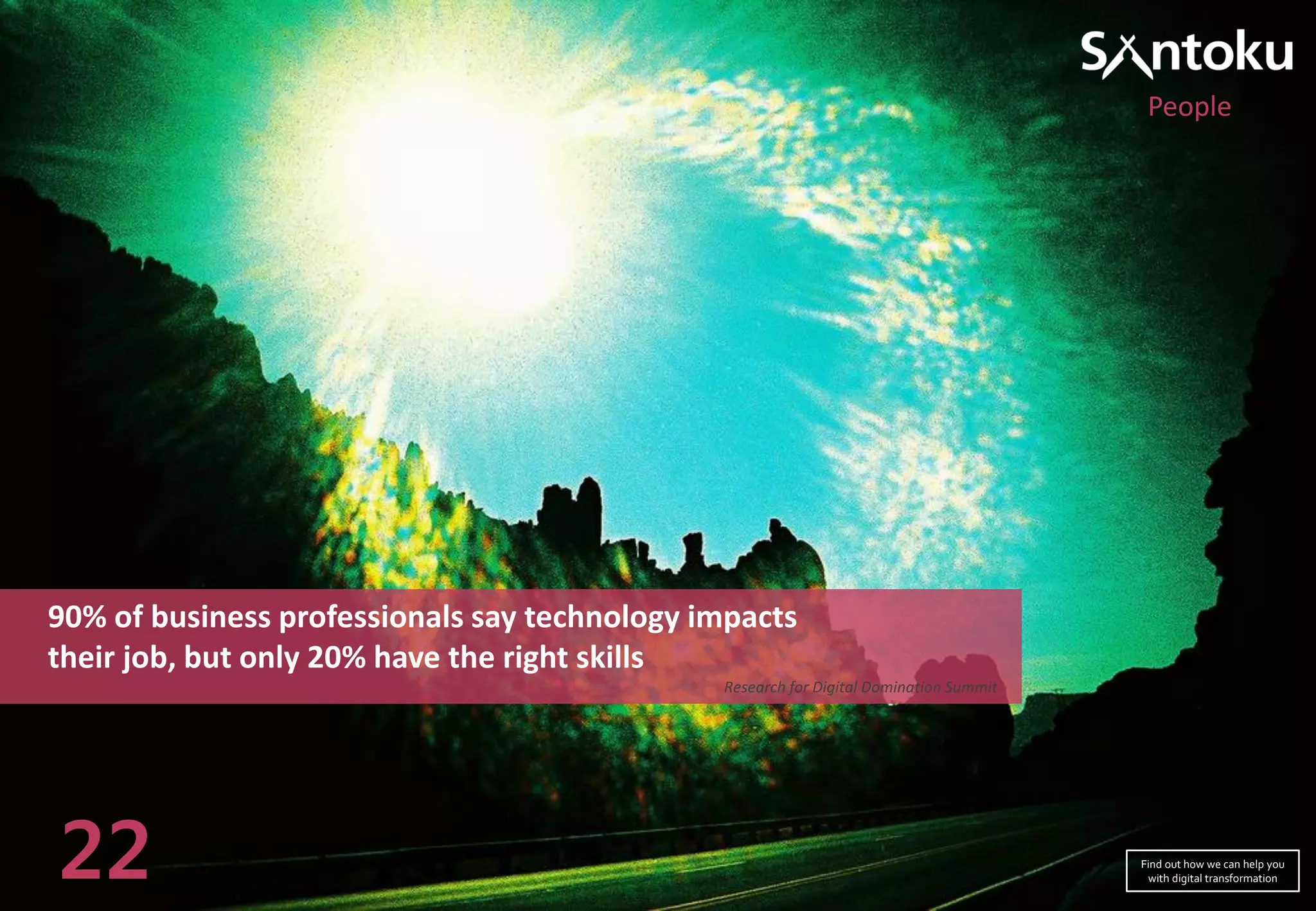 90% of business professionals say technology impacts
their job, but only 20% have the right skills
Research for Digital Domination Summit
22
People
Find out how we can help you
with digital transformation
 