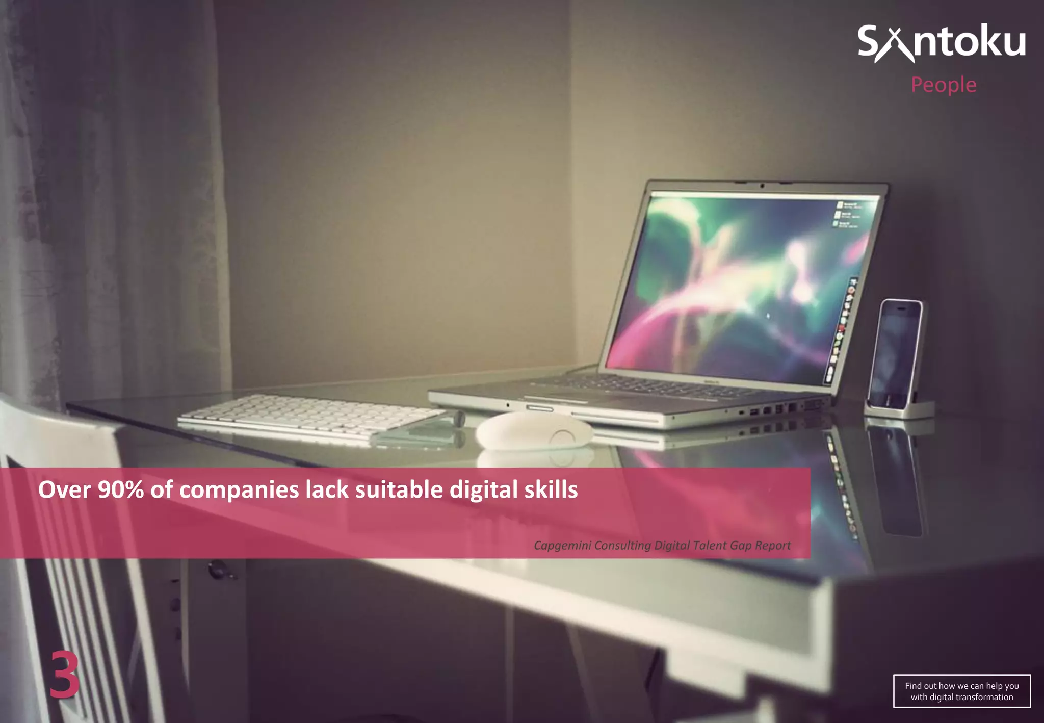 Over 90% of companies lack suitable digital skills
Capgemini Consulting Digital Talent Gap Report
3
People
Find out how we can help you
with digital transformation
 