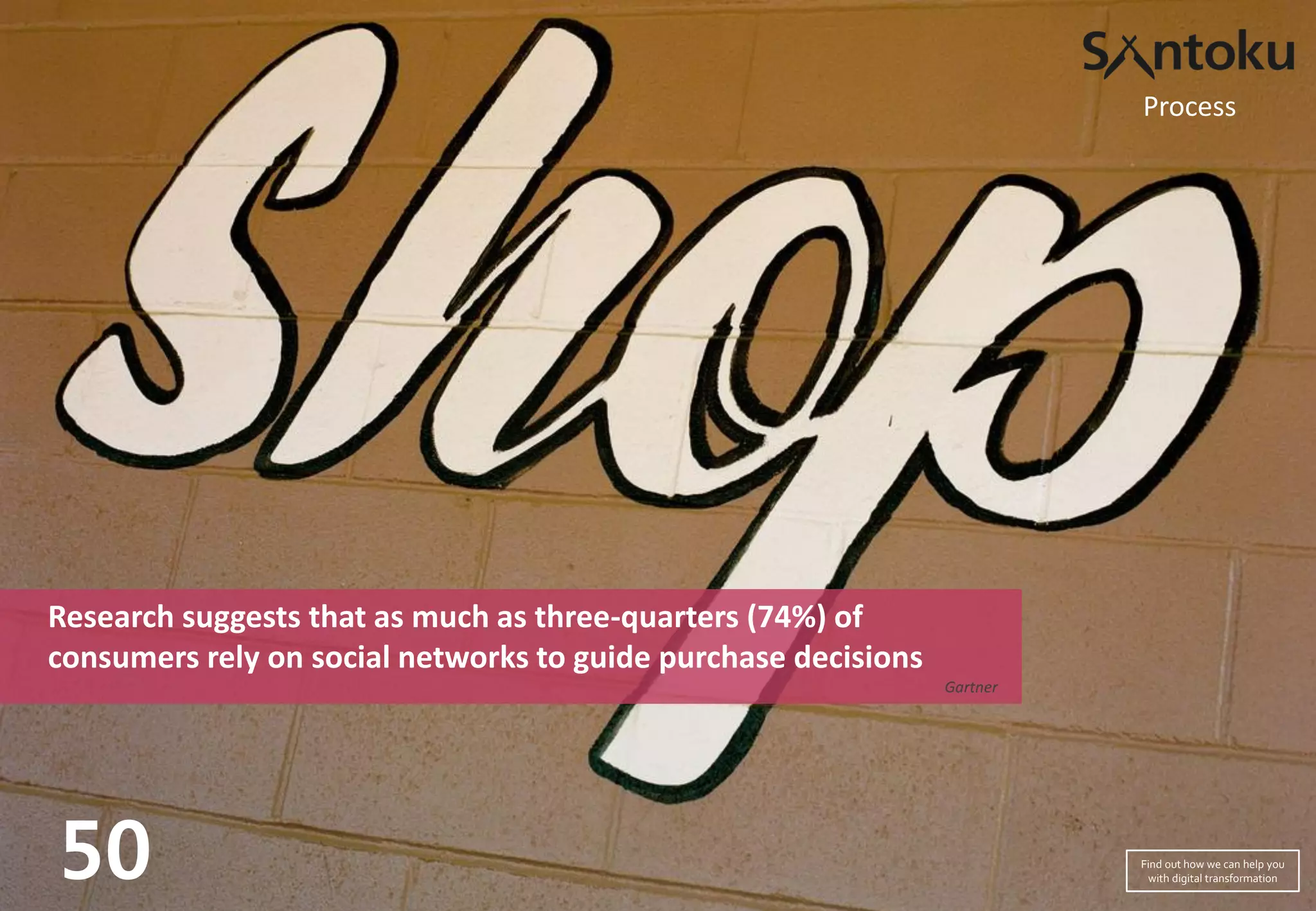 Research suggests that as much as three-quarters (74%) of
consumers rely on social networks to guide purchase decisions
Gartner
50
Process
Find out how we can help you
with digital transformation
 