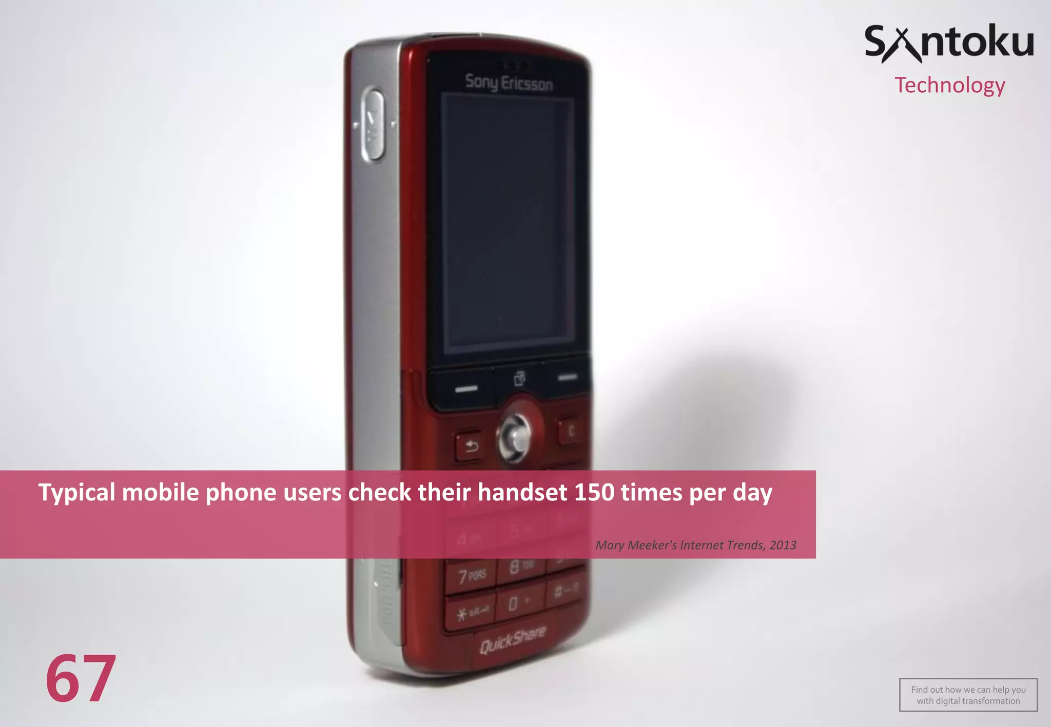 Typical mobile phone users check their handset 150 times per day
Mary Meeker's Internet Trends, 2013
67
Technology
Find out how we can help you
with digital transformation
 